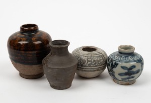 Four assorted Asian antique ceramic pots including Thai and Chinese, ​​​​​​​the largest 8cm high