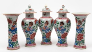 An antique Chinese porcelain garniture set comprising three lidded jars and two vases, Yongzheng period, 18th century, the largest 22cm high