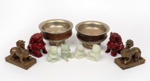 Four Chinese carved jade bear ornaments, a pair of bronze dragon scroll weights, a pair of reproduction foo dogs and a pair of Tibetan wooden bowls with silver finished mounts, (10 items), the bowls 7cm high