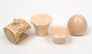 Ivory walking stick tops, together with a Chinese carved bone work clamp, 19th and 20th century, (4 items), the clamp 4cm wide