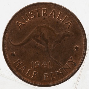 GEORGE VI, 1941 Halfpenny, uncirculated with considerable mint red.