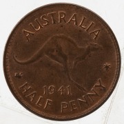 GEORGE VI, 1941 Halfpenny, uncirculated with considerable mint red.