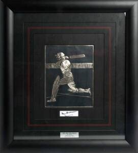 DON BRADMAN, nice sterling silver display showing Bradman's cover drive, hallmarked PHL & numbered 100/1000, window mounted with signature on piece, overall 46x52cm.