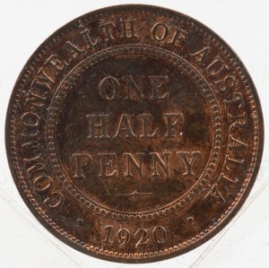 GEORGE V, 1920 Halfpenny, uncirculated with much mint red.