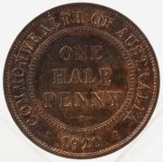 GEORGE V, 1920 Halfpenny, uncirculated with much mint red.