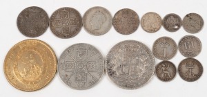 1844 Crown, 1888 Double Florin, 1758, 1787 and 1826 Shillings, 1787 Sixpence, 1710 Fourpences (2), and several other coins, together with an 1804 silver-gilt "Five Shillings Dollar" Emergency Issue; mixed condition. (Total: 14 coins).