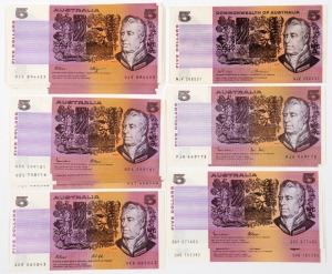 FIVE DOLLARS, 1974 Phillips/Wheeler (R.205), (1); 1983 Johnston/Stone (R.208) (3); 1985 Johnston/Fraser (R.209a) (8); 1985 Johnston/Stone (R.209b) (2); 1990 Fraser/Higgins (R.212), (16); and 1991 Fraser/Cole (R.213) (1). all Unc. (Total: 31). R:$1690.