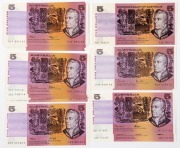 FIVE DOLLARS, 1974 Phillips/Wheeler (R.205), (1); 1983 Johnston/Stone (R.208) (3); 1985 Johnston/Fraser (R.209a) (8); 1985 Johnston/Stone (R.209b) (2); 1990 Fraser/Higgins (R.212), (16); and 1991 Fraser/Cole (R.213) (1). all Unc. (Total: 31). R:$1690.