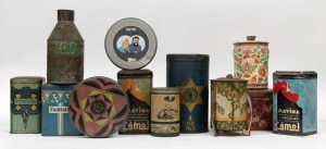 TINS, collection of assorted antique and vintage tins, including "ETOILECAFE CHAT NOIR" and TINTIN, the largest 24cm high.