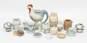 A collection of assorted paste pots, advertising vestas, rooster jug, etc, 19th/20th century, (17 items), the largest 25cm high.