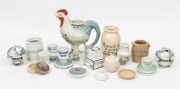 A collection of assorted paste pots, advertising vestas, rooster jug, etc, 19th/20th century, (17 items), the largest 25cm high.