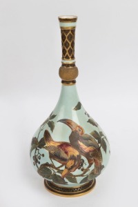 ROYAL WORCESTER antique English porcelain vase with toucan decoration on turquoise ground, 19th century, green factory mark to base, 38cm high
