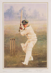 DON BRADMAN, print "Sir Donald and his Trusty Blade" by d'Arcy Doyle, signed by the artist, and numbered 451/1000, size 45x65cm. Published by Queensland Cricketers' Club to commemorate Centenary of Sheffield Cricket 1992.