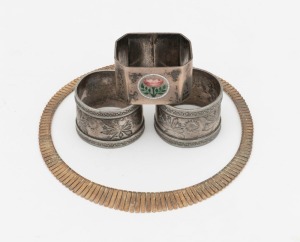 A vintage Continental silver necklace with gilt finish, a sterling silver and floral enamel napkin ring, together with a pair of silver plated napkin rings, (4 items)