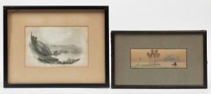 An antique coloured engraving, and an Egyptian scene watercolour signed "A. HASSAN", ​​​​​​​the larger 25 x 32cm overall