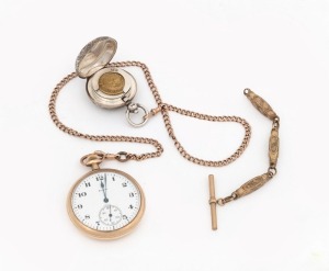 ELGIN antique American gold plated pocket watch with crown wind and Arabic numerals, suspended on a 9ct rose gold curb link chain (11.2 grams), with a three link gold plated Albert chain extension, plus an antique sterling silver sovereign case with brass sovereign prototype coin, 19th century,