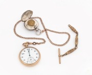 ELGIN antique American gold plated pocket watch with crown wind and Arabic numerals, suspended on a 9ct rose gold curb link chain (11.2 grams), with a three link gold plated Albert chain extension, plus an antique sterling silver sovereign case with brass