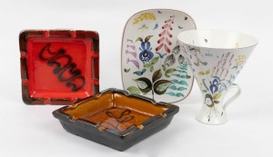 Two ELLIS pottery ashtrays, together with a Swedish floral porcelain vase and platter, mid 20th century, (4 items), the vase 20cm high