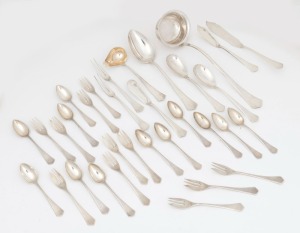Assorted vintage German silver cutlery and servers including an impressive soup ladle, stamped "800" with crown and crescent mark, 1180 grams total
