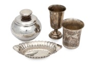 Antique silver&nbsp;wine cup and beaker, together with a Continental&nbsp;silver dish and lidded jar, 19th and 20th century, (4 items), the wine cup 11cm high, 320 grams total