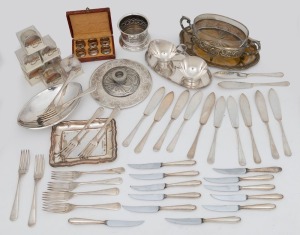 Assorted silver plated cutlery, dishes, napkin rings, plus an attractive box set of six German 800 silver napkin rings, 20th century, (qty)