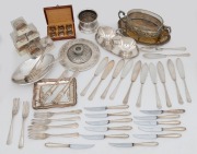 Assorted silver plated cutlery, dishes, napkin rings, plus an attractive box set of six German 800 silver napkin rings, 20th century, (qty)