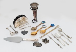 MICHELSEN group of three Danish silver and enamel spoons in original boxes, together with assorted silver plated serving utensils, napkin holder, cocktail spoon, decanter labels etc. (qty)