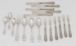 Three sterling silver teaspoons made by Richard Martin & Ebenezer Hall-Martin of Sheffield; three sterling silver spoons and a fork by Josiah Williams & Co. of Exeter; plus eleven pieces of fruit cutlery, (18 items), 280 grams silver weight