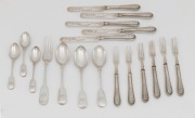 Three sterling silver teaspoons made by Richard Martin & Ebenezer Hall-Martin of Sheffield; three sterling silver spoons and a fork by Josiah Williams & Co. of Exeter; plus eleven pieces of fruit cutlery, (18 items), ​​​​​​​280 grams silver weight