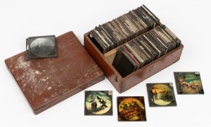 A box of assorted antique glass slides including English scenes, religious fables, shipping, etc