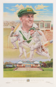 DON BRADMAN, signature on "Don Bradman" print by Brian Clinton, also signed by the artist & numbered 404/1000, published by the Bradman Museum, size 50x77cm. With CoA. 