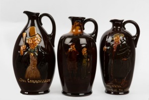 Three ROYAL DOULTON KINGSWARE&nbsp;whisky flagons, comprising Tony Weller, The Connoisseur and The Fisherman, 20th century, black factory mark to bases, the largest 21.5cm high