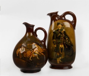 ROYAL DOULTON KINGSWARE whisky flagons, comprising "Tam O'Shanter" and The Scottish Piper, early 20th century, black factory mark to bases, the larger 21cm high