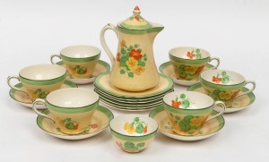 BOOTHS "Nasturtium" pattern tea ware setting for six with lidded pot and sugar basin, factory mark to base, the pot 16cm high
