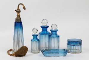 BACCARAT antique French blue and gilt crystal vanity ware, scent bottles and atomizers, 19th/20th century, (6 items), the largest 23cm high