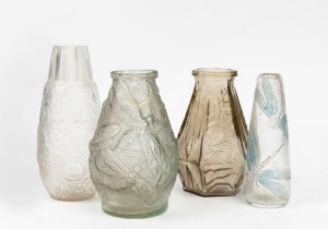 Four assorted French glass bottles and vases including two dragonfly examples, early to mid 20th century, the largest 16cm high