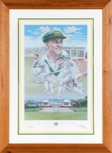 DON BRADMAN, signature on "Don Bradman" print by Brian Clinton, also signed by the artist & numbered 891/1000, published by the Bradman Museum, window mounted, framed & glazed, overall 78x105cm. With CoA.