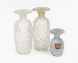 MARC ISANBEL "BERYLUNE" group of three French frosted glass perfume bottles in two sizes, the smaller example with blue patinated finish and bearing original label, 12cm and 7cm high