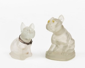 Two French vintage frosted glass bulldog perfume bottles, 20th century, 5.5cm and 6.5cm high