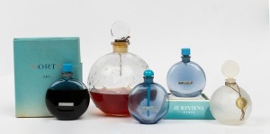 WORTH group of five assorted perfume and eau de toilette French glass bottles, one in original box, another on original display stand, three blue lidded examples stamped "R. LALIQUE", the two spherical examples stamped "LALIQUE", the largest 13.5cm high
