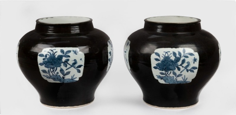 A pair of Chinese porcelain jardinieres with blue and white vignettes on black grounds, 20th century, ​​​​​​​32cm high