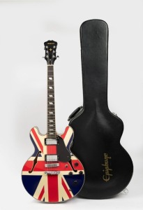 ARIA TA-50 Union Jack electric guitar with "Duncan Design" pickups, housed in an Epiphone hard case,