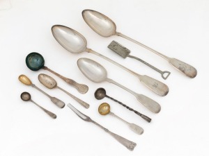 Eleven assorted sterling silver and silver plated pieces of flatware, including tablespoons, sauce ladle, pickle fork, sugar shovel etc., 19th and 20th century, (11 items)