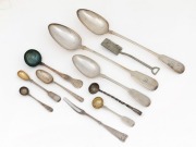 Eleven assorted sterling silver and silver plated pieces of flatware, including tablespoons, sauce ladle, pickle fork, sugar shovel etc., 19th and 20th century, (11 items)