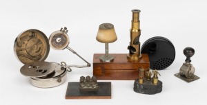 MIKIPHONE pocket gramophone, monkey blotter, table cigar lighter, rubber stamp, mining ornament, pocket microscope in box, 19th and 20th century, (6 items) the Mikiphone 11cm diameter