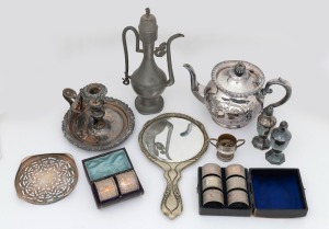 Silver plated teapot, napkin rings, hand-mirror, condiments, chamber stick and trivet, together with a Chinese pewter teapot and a sterling silver trophy cup (28 grams), 19th and 20th century, (qty), the pewter teapot 28cm high