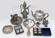 Silver plated teapot, napkin rings, hand-mirror, condiments, chamber stick and trivet, together with a Chinese pewter teapot and a sterling silver trophy cup (28 grams), 19th and 20th century, (qty), the pewter teapot 28cm high