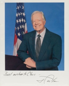 JIMMY CARTER (39th president of the United States) signature with dedication in black ink on colour photograph, 25 x 20cm overall. 