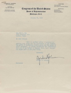 LYNDON B. JOHNSON (36th president of the United States) signature in ink on a letter to Mr Max L. Noe, on Congress of the United States, House of Representatives letterhead, dated January 24, 1948. Also includes the relevant letter addressed to the Honora