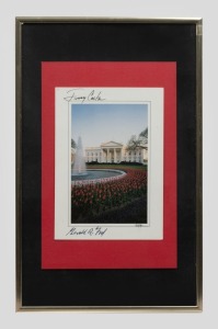 JIMMY CARTER and GERALD R. FORD, both signatures in ink on colour postcard of The White House, mounted in frame, 22 x 34.5cm overall.